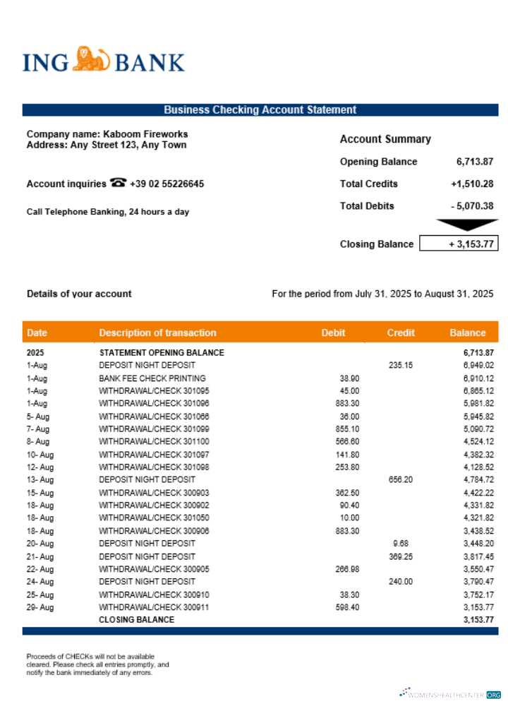 Download Italian ING bank enterprise account statement Word and PDF template Photoshop template